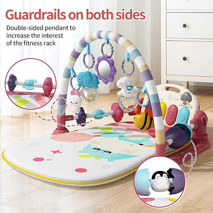Jovow Baby Gym with Musical Piano,Baby Play Mat Tummy Time Baby Activity Gym Mat with 5 Infant Learning Sensory for Baby, Music and Lights Boy or Girl for Newborn（Pink）
