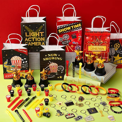 68 Pcs Movie Night Party Favors Movie Night Gift Bags Movie Stampers Silicone Bracelets Keychains Star Trophy Awards Bubble Wands for Movie Night Crazy Birthday Party Gift Goodie Bag Fillers
