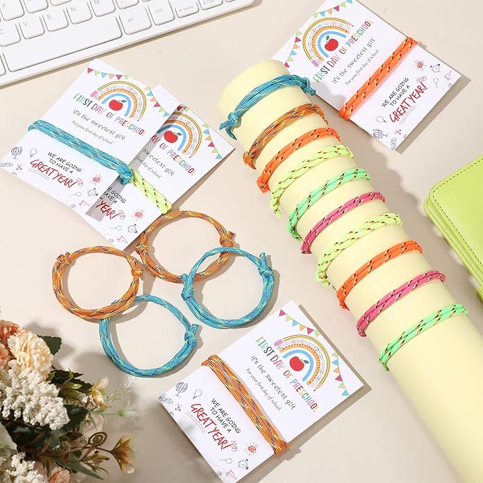 First Day of Preschool Gift for Students Bulk Back to School Party Favors Adjustable Bracelet with Card Sets Friendship Bracelets Neon Woven Rope Classroom Supplies Reward