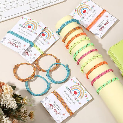 First Day of Preschool Gift for Students Bulk Back to School Party Favors Adjustable Bracelet with Card Sets Friendship Bracelets Neon Woven Rope Classroom Supplies Reward