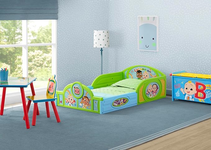 Delta Children - CoComelon 4-Piece Toddler Room-in-a-Box Set – Includes Sleep and Play Toddler Bed, Table, 1 Chair and Toy Box, Green