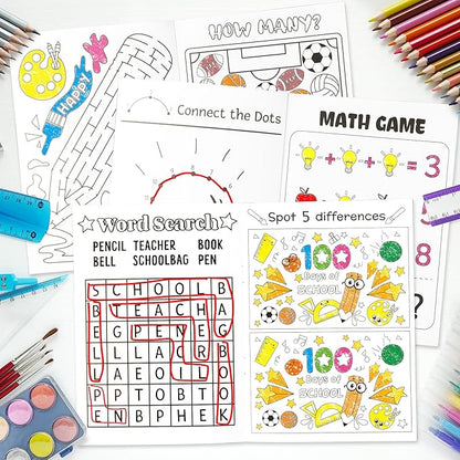 100th Day of School Activity Books for Kids - 24Pcs Happy 100 Days Mini Games Coloring Book Set Bulk Mazes Word Search Word Scramble Games for School Classroom Reward DIY Art Gifts Party Favors
