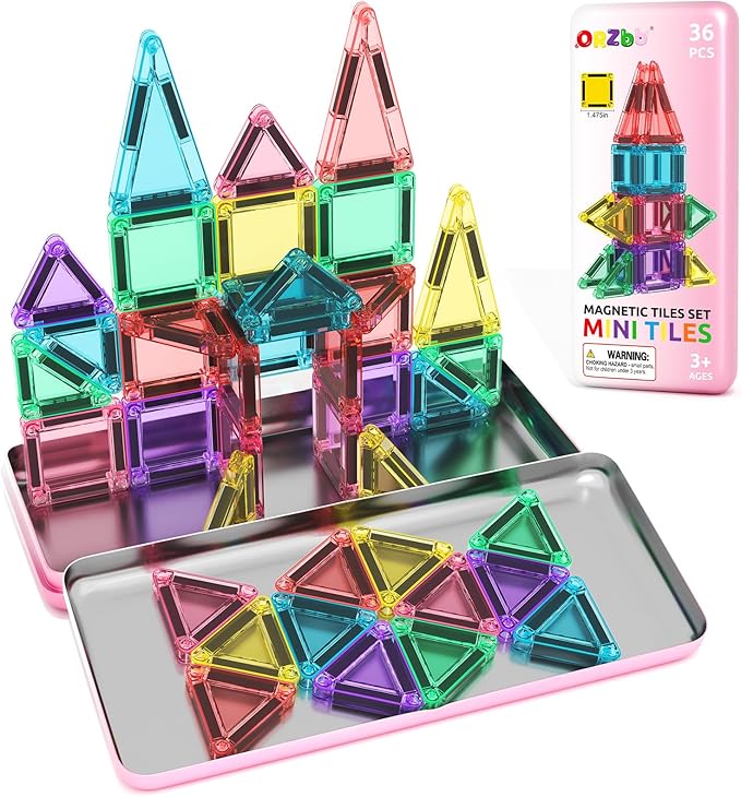 ORZbb Mini Magnetic Tiles Toddler Travel Essentials Set with Case, Magnetic Blocks Building Montessori Educational Learning Sensory Preschool Toys for 3+ Year Old Boys Girls Birthday Gifts
