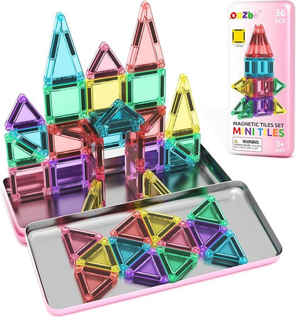 ORZbb Mini Magnetic Tiles Toddler Travel Essentials Set with Case, Magnetic Blocks Building Montessori Educational Learning Sensory Preschool Toys for 3+ Year Old Boys Girls Birthday Gifts
