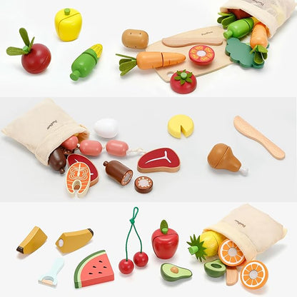 PairPear Wooden Toys Play Food Sets for Kids Kitchen, Kids Toy Food Cutting Vegetables Set for Toddlers 3+ Years Old, Pretend Food Play Kitchen Accessories for Girls and Boys