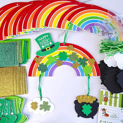 Winlyn 12 Sets St. Patrick's Day Decorations Rainbow Ornaments DIY St. Pat's Craft Kits Rainbow Four-Leaf Clover Irish Lucky Shamrock Foam Stickers for Kids Party Classroom Home Activity Art Project