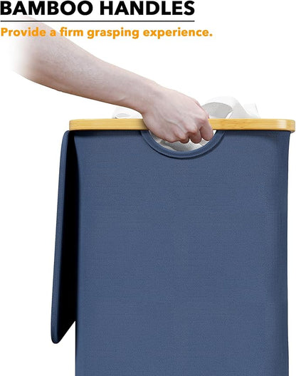 SpaceAid Laundry Hamper with Lid, 110L Large Tall Clothes Basket Bin with Bamboo Handles, Collapsible Laundry Hamper for Bedroom, Bathroom, Dorm, Laundry Room - Blue