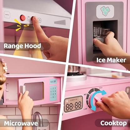 Play Kitchen Set for Toddlers, Wooden Toy Playset with Real Lights & Sounds, Double-Door Fridge, Ice Maker & Cookware Accessories, Pretend Play Kitchen Set for Kids, Gift for Ages 3+