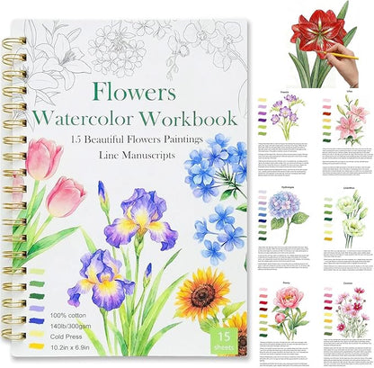 Watercolor Workbook 15 Beautiful Flowers Paintings for Adults &Teens Beginners,Water Coloring Book 140lb Cold Press Cotton Watercolor Paper-Ideal Gifts to Spark Creativity Stress Relief(10.2" x 6.9")