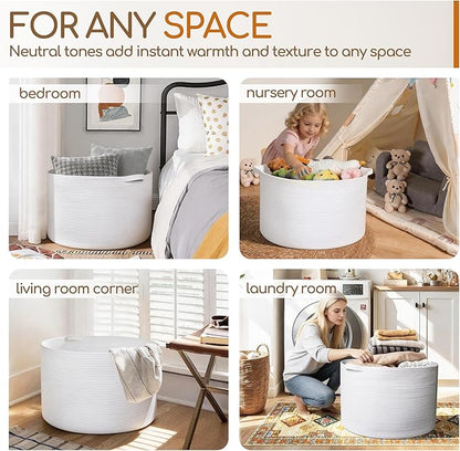 MEGASKET White Cotton Rope Storage Basket, 22" X 22" X 14" Extra Large Blanket Storage Living Room, XL Soft Toy Bin for Organizing, Woven Baby Laundry Basket with Handle, White Wicker Hamper Nursery