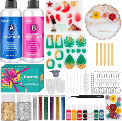 Teexpert Epoxy Resin Kit with Molds – Jewelry Making Kit with Keychain, Coaster & Earring Molds, Complete DIY Resin Kit for Beginners & Adults, Starter Set for Craft and Casting