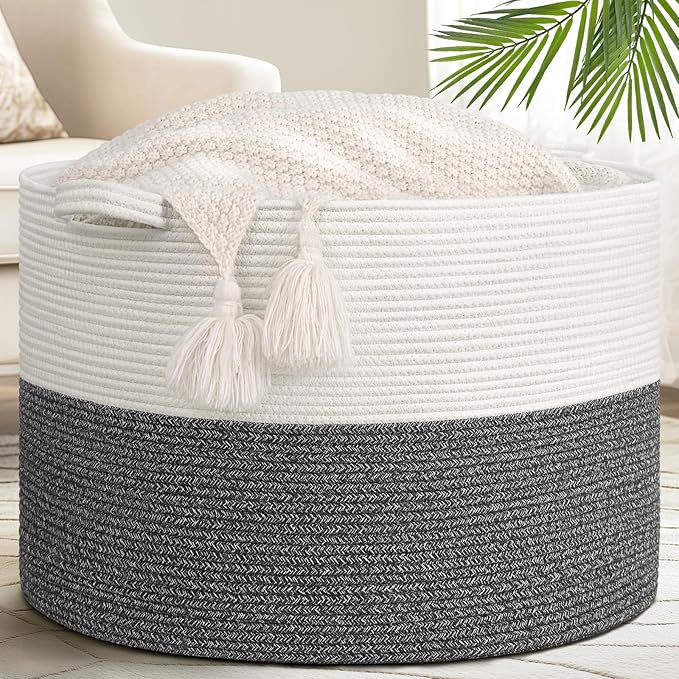 Goodpick 115L Extra Large Blanket Basket, Soft Cotton Rope Storage Basket for Organizing, Home Decor, Toys, Toy Storage Organizer for Living Room & Nursery, Grey