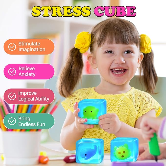 Squishy Stress Cube Fidget Toys Adults - Glow in The Dark Sensory Toys for Kids with Autism Stress Balls for Kids Teens Squeeze Toys for Anxiety Easter Basket Stuffers