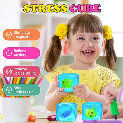 Squishy Stress Cube Fidget Toys Adults - Glow in The Dark Sensory Toys for Kids with Autism Stress Balls for Kids Teens Squeeze Toys for Anxiety Easter Basket Stuffers