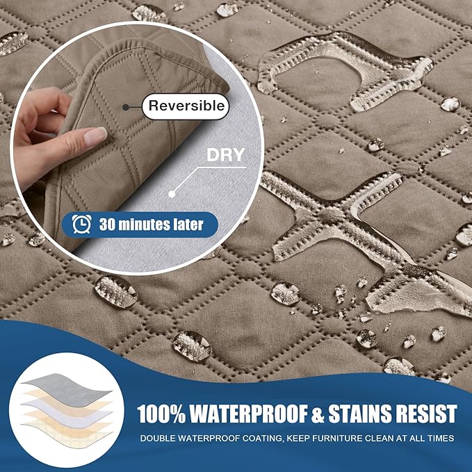 TAOCOCO 100% Waterproof Recliner Covers, Recliner Sofa Covers with Leg Straps, Reversible Recliner Couch Cover for Reclining Chair, Washable Couch Protector for Pets Kids(1 Seater 22", Khaki)