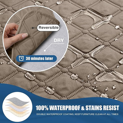 TAOCOCO 100% Waterproof Recliner Covers, Recliner Sofa Covers with Leg Straps, Reversible Recliner Couch Cover for Reclining Chair, Washable Couch Protector for Pets Kids(3 Seater, Khaki)