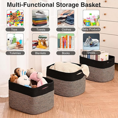 ICERZCZ Storage Baskets for Organizing Shelves, Toy Basket for Kid's Room, Woven Cotton Rope Basket for Decor, Organizing Baskets for Bedroom Living Room, 15"x11"x9.5", 3 Packs, Black & Jute