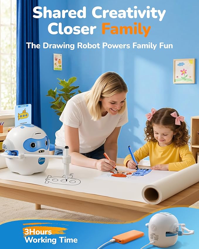 Drawing Robot for Kids, Rechargeable 4-in-1 Draw/Learn/Spell/Music Interactive Educational Robot Drawing Machine with 100 Cards & 12 Color Pens, Learning Toys for 3-8 Year Old Boys Girls Birthday Xmas
