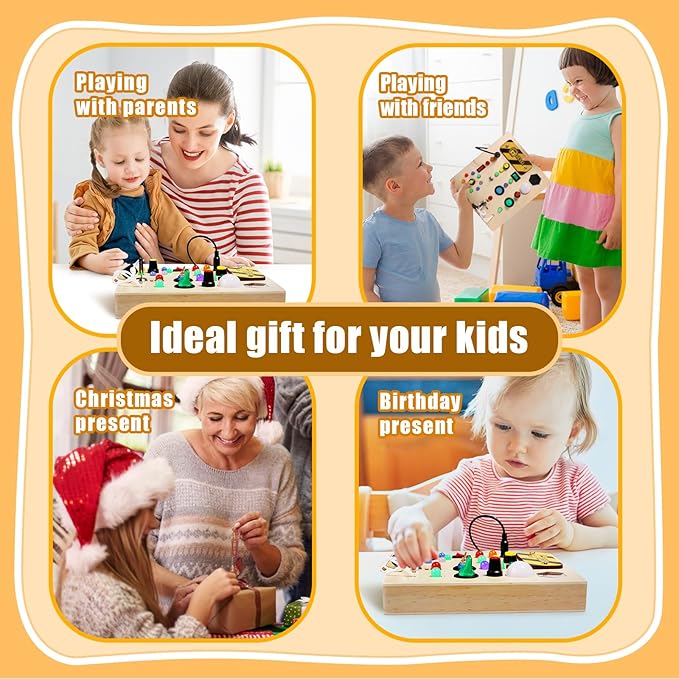 Busy Board with Led Light, Wooden Educational Montessori Sensory Travel Toys for Toddlers 1-3, Fine Motor Skills Birthday Gifts for Boys Girls Toddlers 1 2 3