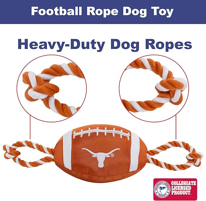 Pets First NCAA Texas Longhorns Football Dog Toy, Tough Quality Nylon Materials, Strong Pull Ropes, Inner Squeaker, Collegiate Team Color, 1 Count (Pack of 1)