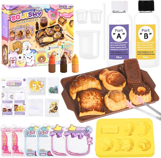 Crelloci Bread Taba Squishy Kit, Silicone DIY Squishy Making Kit with Bread Molds & Decorations, Make Your Own Slow Rising Squishies Stress Relief Toys, Craft Kits Gift for Kids Ages 6+ & Adults