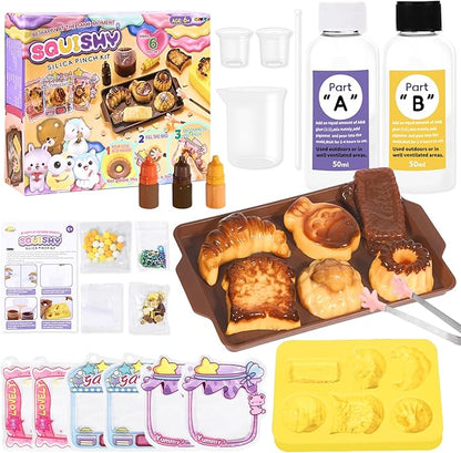 Crelloci Bread Taba Squishy Kit, Silicone DIY Squishy Making Kit with Bread Molds & Decorations, Make Your Own Slow Rising Squishies Stress Relief Toys, Craft Kits Gift for Kids Ages 6+ & Adults