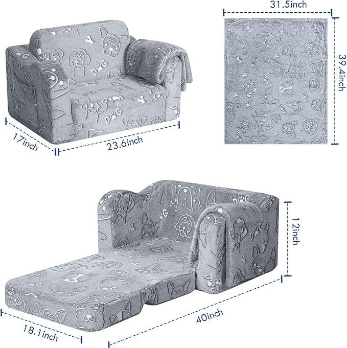 MeMoreCool Toddler Fold-Out Chair for Girls and Boys, Glow-in-The-Dark Soft Plush Kids Recliner, Convertible Folding Baby Couch for Playroom (Glowing Dogs)