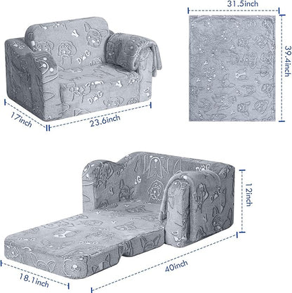 MeMoreCool Toddler Fold-Out Chair for Girls and Boys, Glow-in-The-Dark Soft Plush Kids Recliner, Convertible Folding Baby Couch for Playroom (Glowing Dogs)