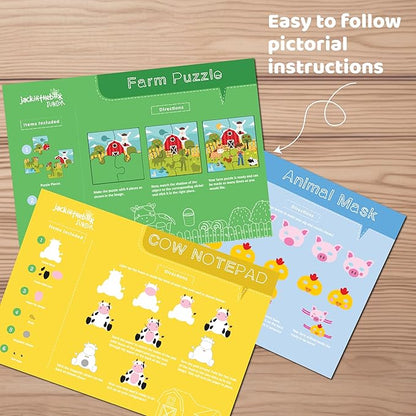 jackinthebox Farm Craft kit for 3 to 5 Year olds, 3 Craft Projects - Pretend Play Animal Masks, Farm Puzzle with Stickers, DIY Cow Notepad, Great Gift for Boys and Girls Ages 3 4 5 Years..