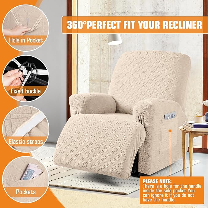 VANSOFY Oversized Recliner Chair Cover, 4-Pieces Stretch Recliner Covers for Recliner Chair Soft Reclining Chair Slipcover Jacquard Pattern Furniture Protector for Dogs Cats(Cream)
