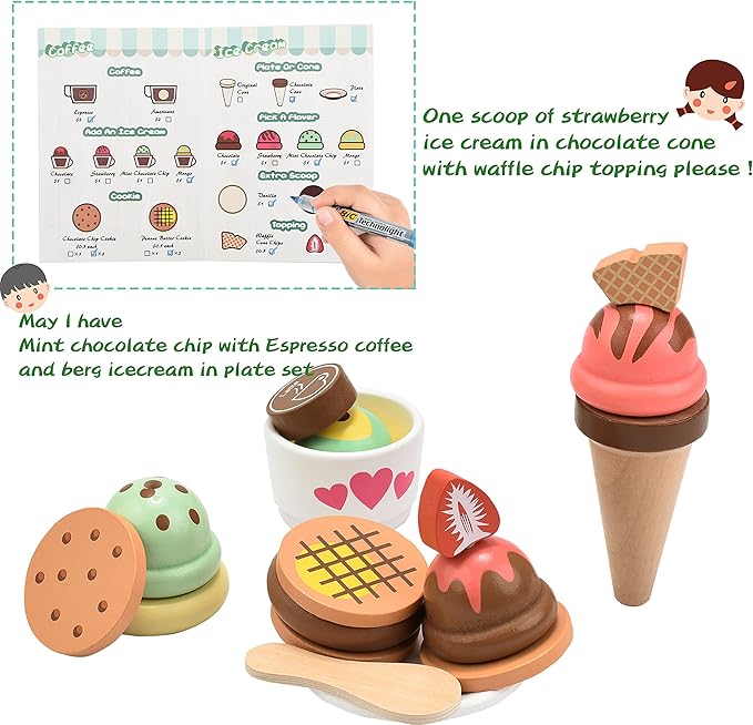 Giant bean Wooden Ice Cream, Coffee and Frozen Treat 3-in-1 Counter Playset, 25 PCS Toddler Pretend Play Kitchen Accessories, Kids Wooden Toys for 1+, Christmas Birthday Gift for Kids