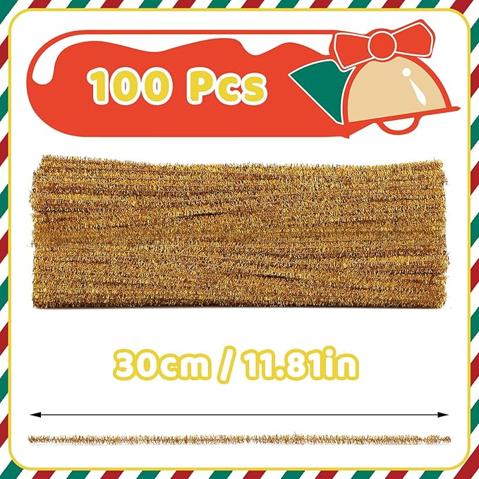 Hssugi Gold Pipe Cleaners, 100PCS Pipe Cleaners Craft Supplies, Glitter Golden Pipe Cleaners Bulk Fuzzy Sticks for DIY Art and Craft Projects Home Decoration