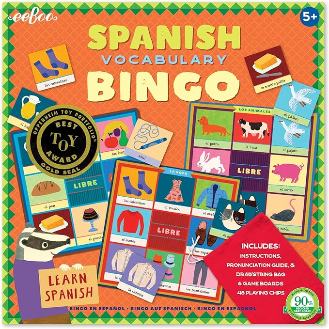eeBoo: Spanish Bingo Vocabulary Game, A Game of Imaginative Problem Solving, Educational Games That Cultivates Conversation, Socialization, and Skill-Building, Learn Spanish, for Ages 5 and up