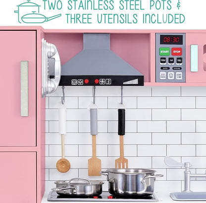 Lil’ Jumbl Kids Pink Kitchen Set, Pretend Wooden Play Kitchen, Battery Operated Icemaker, Microwave, Range Hood, Stove Top, Oven, with Realistic Sound & Lights, Pots, Pan, & Utensils Included