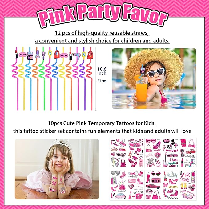 132Pcs Pink Girls Party Favors Pack, Goodie Box Stuffers Includ Heart Glasses Straws Bubble Wands Tattoo Sticker Bracelet Keychain Etc, for Kids Girls Birthday Party decoration Supplies