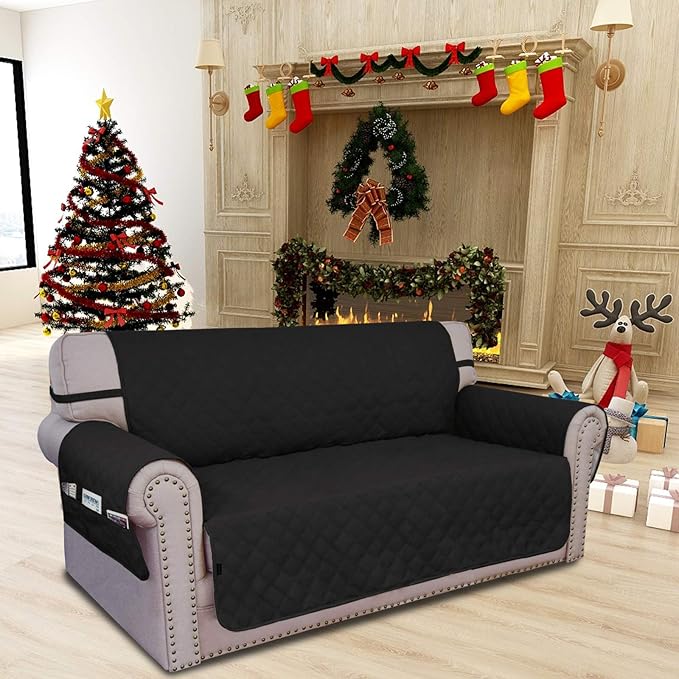 Easy-Going Sofa Slipcover Loveseat Cover Waterproof Couch Cover Washable Sofa Cover for 2 Cushion Couch Non-Slip Fabric Furniture Protector with Pocket for Pets Kids Dog Cat (Loveseat, Black)