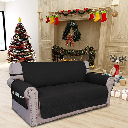 Easy-Going Sofa Slipcover Loveseat Cover Waterproof Couch Cover Washable Sofa Cover for 2 Cushion Couch Non-Slip Fabric Furniture Protector with Pocket for Pets Kids Dog Cat (Loveseat, Black)