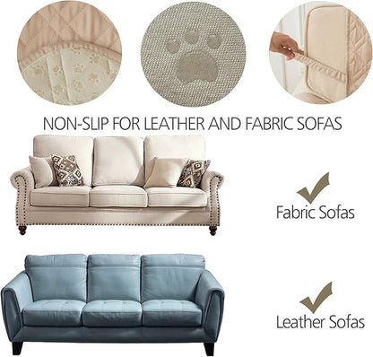Ameritex Couch Sofa Slipcover 100% Waterproof Nonslip Quilted Furniture Protector for Dogs, Children, Pets, Machine Washable (Beige, 68")