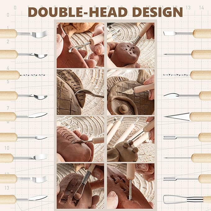 22PCS Wooden Pottery Sculpting Tools, Wood Clay Cleaning Tool Set, Ceramic Modeling Tool for Carving, Molding, Cutting, Trimming, Pottery Wheel, Crafting Supplies, Beginners, Adults, Students