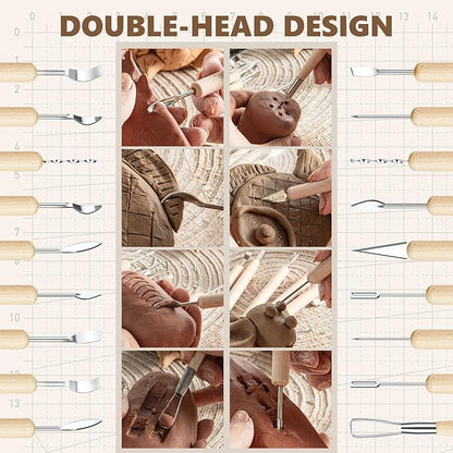 22PCS Wooden Pottery Sculpting Tools, Wood Clay Cleaning Tool Set, Ceramic Modeling Tool for Carving, Molding, Cutting, Trimming, Pottery Wheel, Crafting Supplies, Beginners, Adults, Students