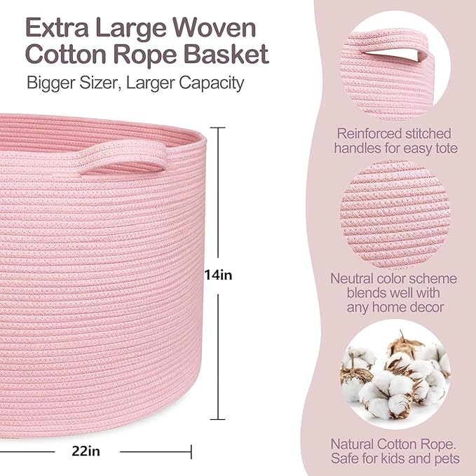 MEGASKET Extra Large Pink Basket, 22"x22"x14" Woven Cotton Rope Bin with Handles, Blanket Storage for Living Room, Baby Kids Toy Storage Bin Box, Wicker Laundry Basket, Pink Room Decor Organizing
