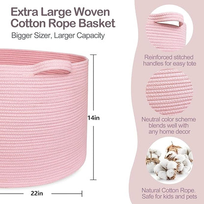 MEGASKET Extra Large Pink Basket, 22"x22"x14" Woven Cotton Rope Bin with Handles, Blanket Storage for Living Room, Baby Kids Toy Storage Bin Box, Wicker Laundry Basket, Pink Room Decor Organizing