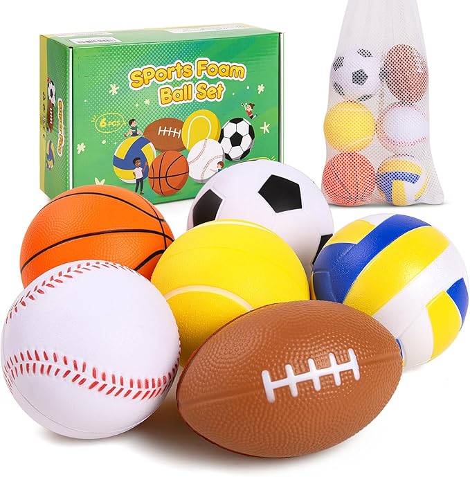 PlayZap 6 Pack Balls for Toddlers Kids, Foam Soft Balls Set, 3.5" Small Soccer Basketball Baseball Football Volleyball Tennis, Indoor Outdoor Sports Toys Gifts for Boys Girls