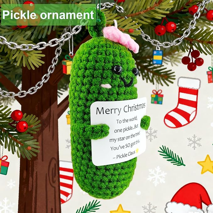 Handmade Crochet Merry Christmas Pickle Gift,Funny Festival Wishes Pickle Ornament with Encouragement Cards, Cute Knitted Crochet Dolls for Friends and Family