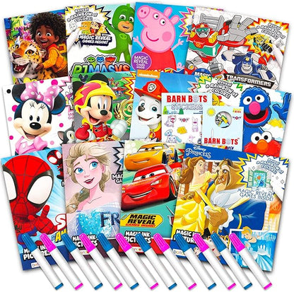 12 Mess Free Imagine Ink Coloring Book Set for Kids - Bulk Bundle with 12 No Mess Coloring Books, Barn Bots Stickers and Door Hanger (Paw Patrol, Princess, Mickey, Minnie, Spidey, Peppa Pig)