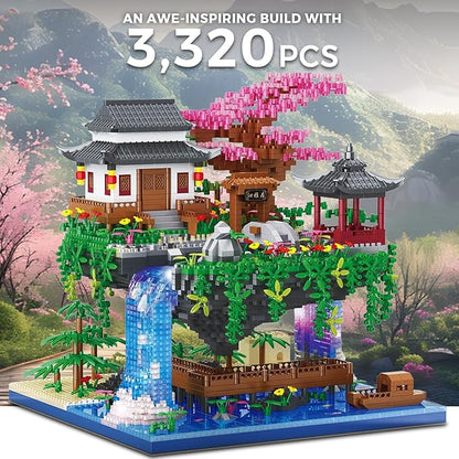 Peach Blossom Pond Micro Building Blocks Set Toys for Kids and Adults, Mini Cherry Bonsai Tree House with LED String Lights DIY Japanese Sakura Street Model Chinese Bricks Architecture Kit Teens Gift
