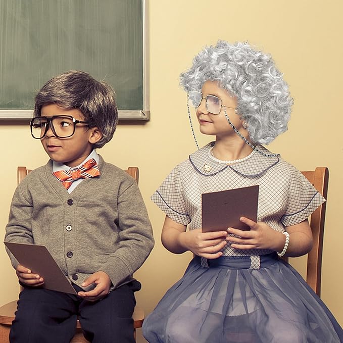 100th Day of School Costume for Girls, Old Lady Cosplay Silver Curly Wig Glasses Wig Cap Pearl Necklace Bracelet Accessories