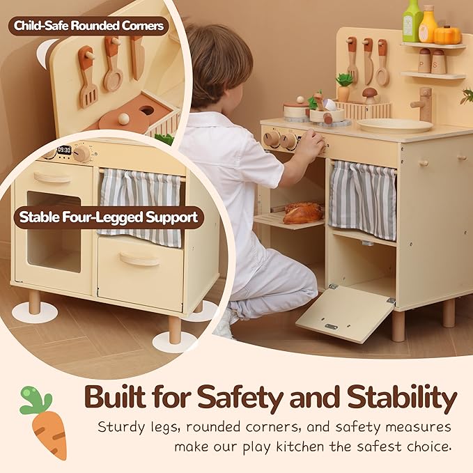 Play Kitchen for Kids, Classic Wooden Kitchen Playset with Food Accessories Set Ideal for Creative Pretend Play, Suitable for Toddlers, Girls & Boys Ages 3+