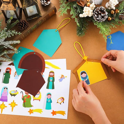 ReliThick 30 Sets Nativity Scene Craft Kit for Kids Nativity Crafts Stick Ornament Religious Crafts Kit Christian Christmas Tree Ornament Crafts with Rope for Kids Classroom Party Favors Supplies