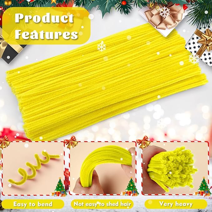 LOKUNN Pipe Cleaners, 200 Pcs Light Yellow Pipe Cleaners Craft Set, Solid Color Chenille Stems, DIY Arts and Crafts with Adhesive Eyes and Storage Box, Christmas Halloween Decoration Art Supplies